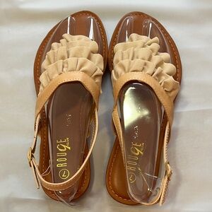 Rouge Helium Tan Ruffle Slingback Sandals with Clear Accent